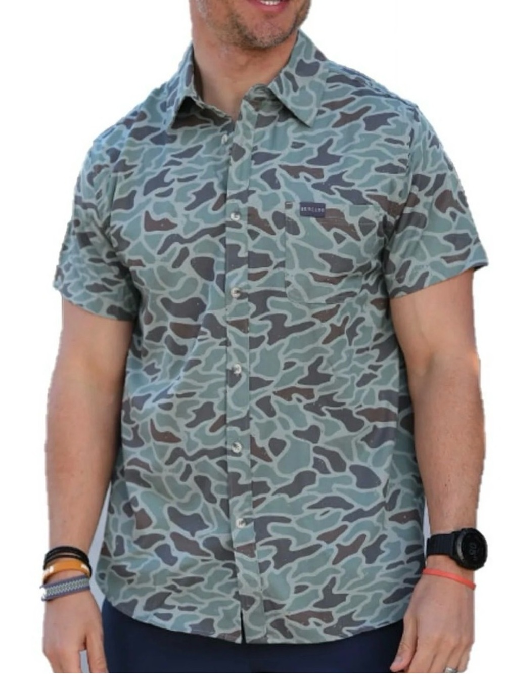 Burlebo Men’s Camo Camp Shirt Short Sleeve Button Up Green Brown Grey Size 2XL